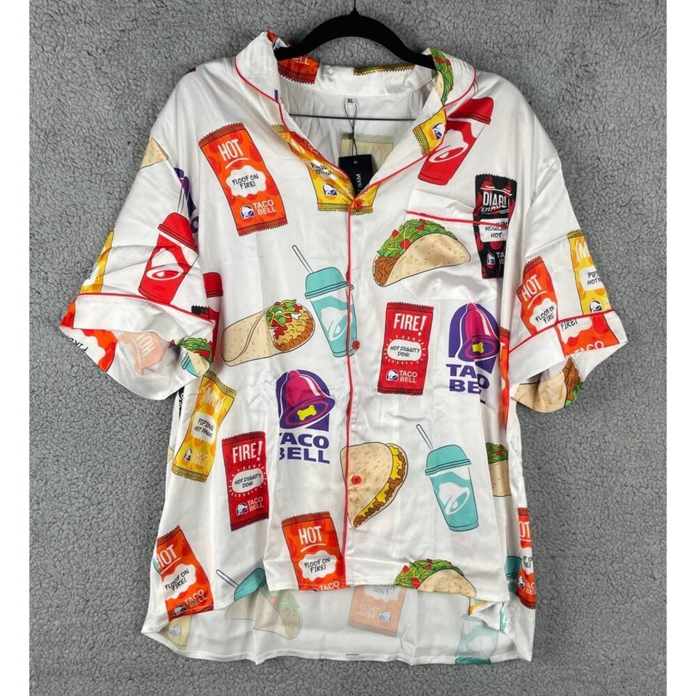 Taco Bell Women's X-Large Short Tacos Sleeve Satin Button Up Pajama Top w Shorts